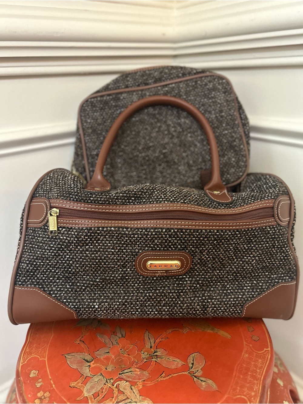 Textured Brown and Tan 2 piece Travel Satchel Bag Set by Jaguar